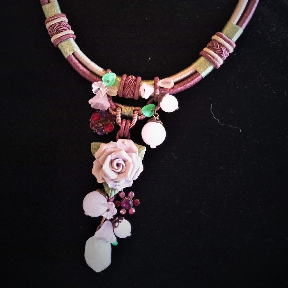 Chinese Pink Ceramic Rose Pendant Necklace